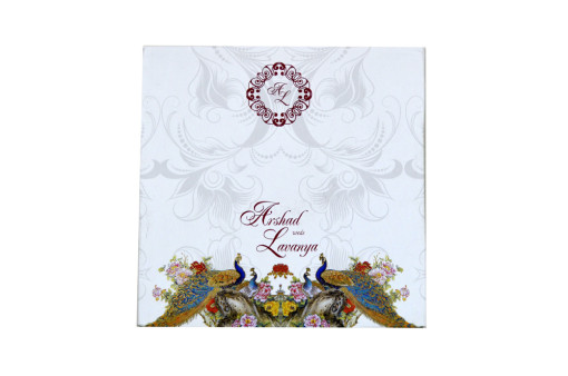 Peacock Theme Padded White Wedding Card LM 190